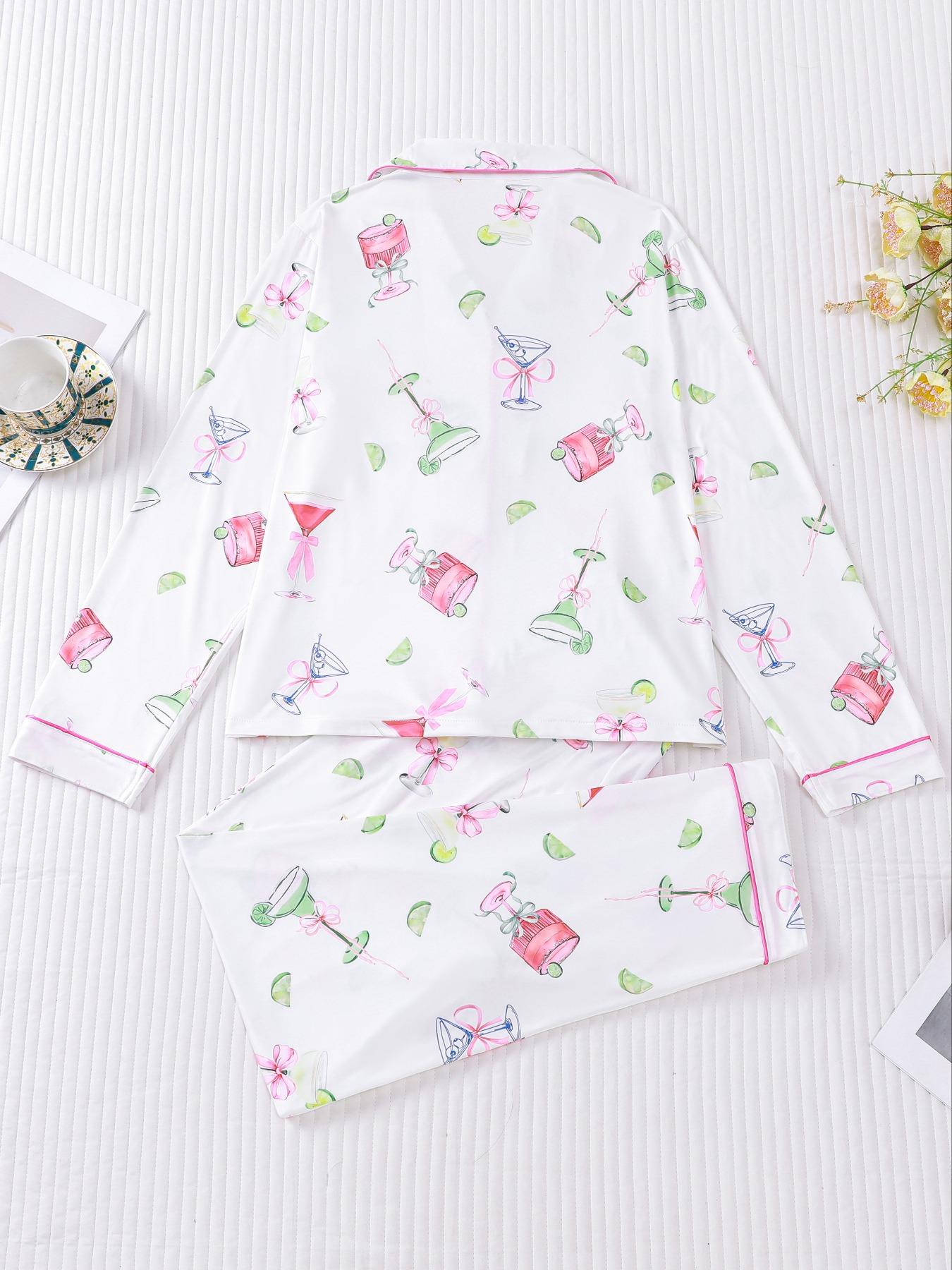 Women's Casual Pajama Set, Long Sleeve Button Front Shirt & Elastic Pants, Comfortable All-Season Sleepwear, Fashion Home Wear Loungewear