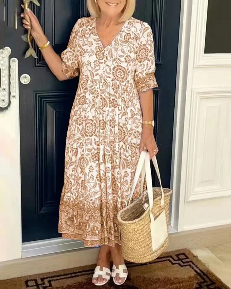New Large Size V-Neck Floral Dress