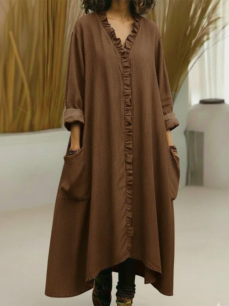 Casual Lace-trimmed V-neck Denim Dress socialshop