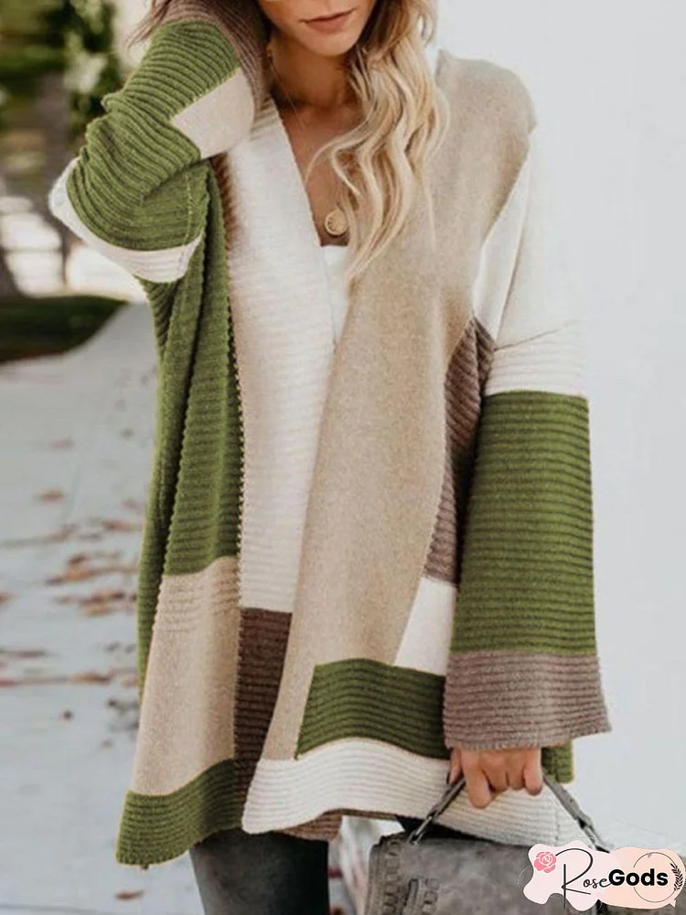 Plus Size Color Block Women 2019 Long Knitted Cardigan
