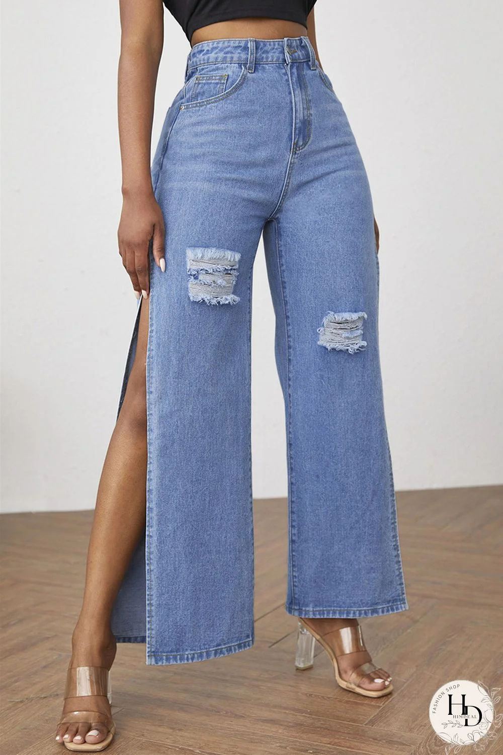 Medium Blue Fashion Casual Solid Slit High Waist Regular Denim Jeans