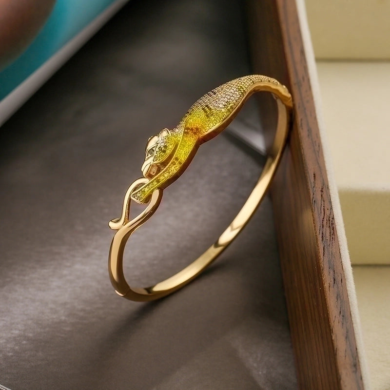 2 Pieces Hip-hop Leopard Copper 18k Gold Plated Pearl Zircon Bangle In Bulk