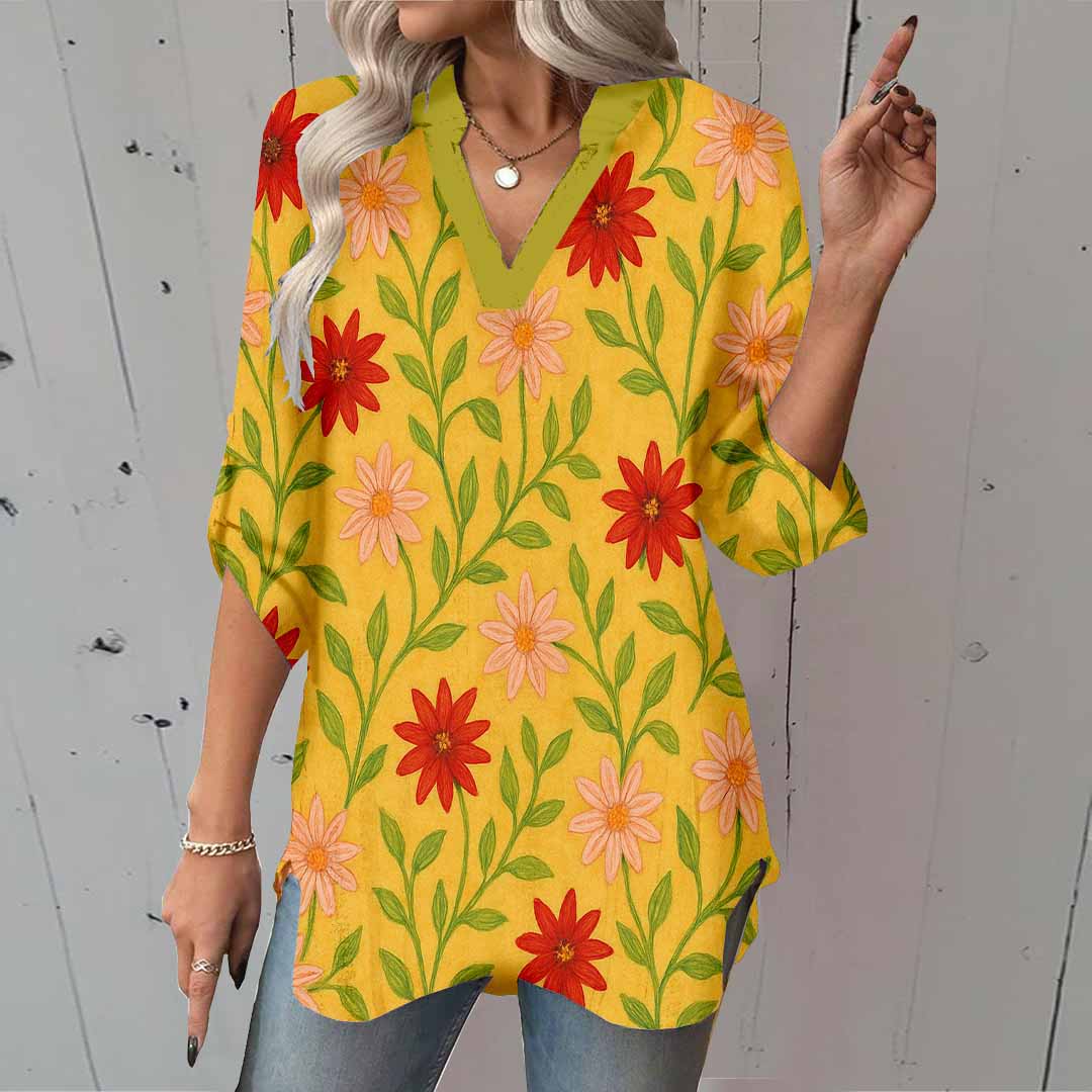 Women Floral, Orange, Red DZGA0216 3/4 Sleeve V-neck Printed Graphic Button Tops