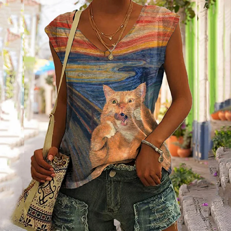 V Neck Cute Cat Oil Painting Print Tank Top