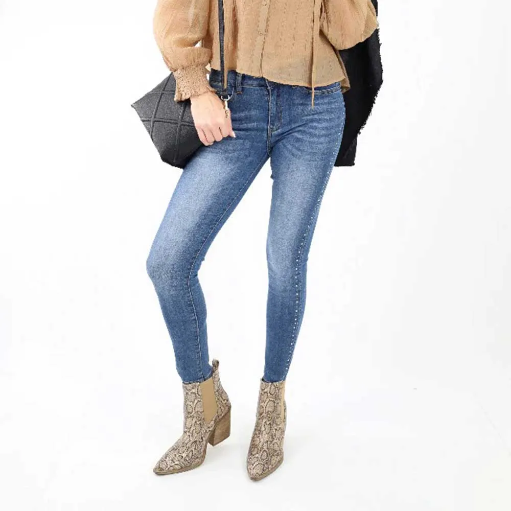 Brown Pointed Toe Chunky Heel Snakeskin Print Boots for Women