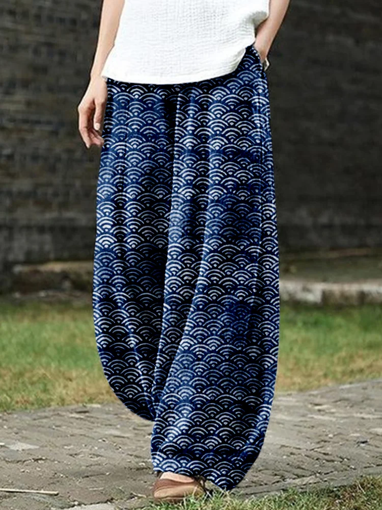 Comstylish Japanese Waves Inspired Pattern Linen Blend Casual Pants