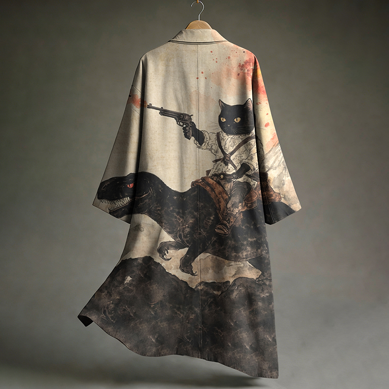 Men's Black Cat Tribal Japanese Kyudo Print Comfy Linen Long Kimono  artssus