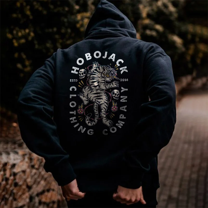 Hobojack Estd 2014 Clothing Company Tiger And Skulls Print Hoodie