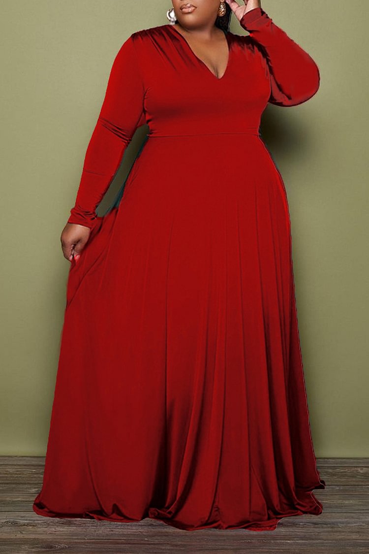 Xpluswear Plus Size Formal Burgundy Pleated V Neck Long Sleeve Maxi Dress