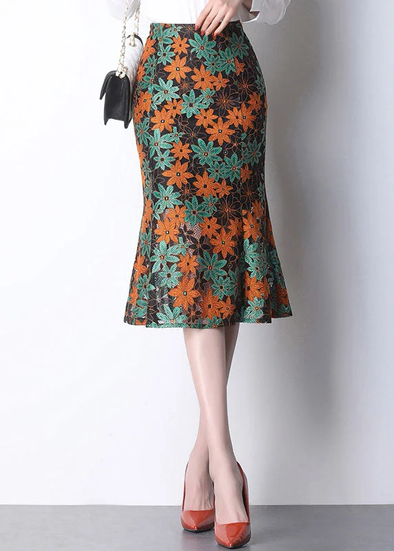 Style Orange Print Patchwork Hollow Out Lace Skirt Summer