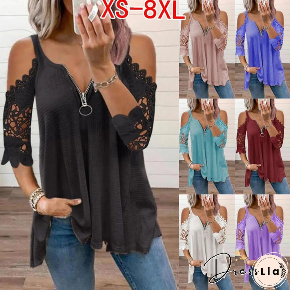 Women Fashion Summer Plus Size Casual Off Shoulder Tops Deep V-neck Short Sleeve Blouses Hollow Lace Zipper Sling Tank Tops Ladies Solid Color T-shirt Loose Tops