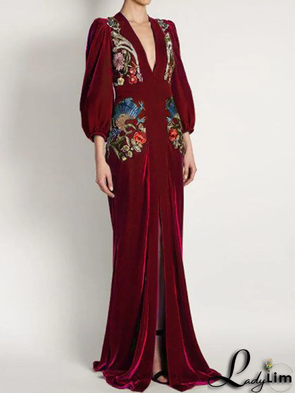 Elegant Floral Deep V Neck High Slit Velvet Maxi Dress
