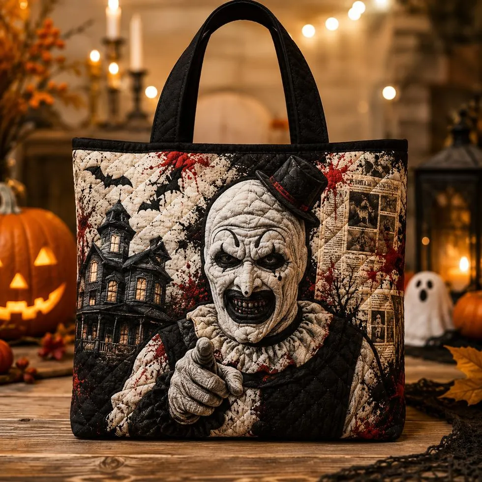 Clown horror tote bag on Halloween table