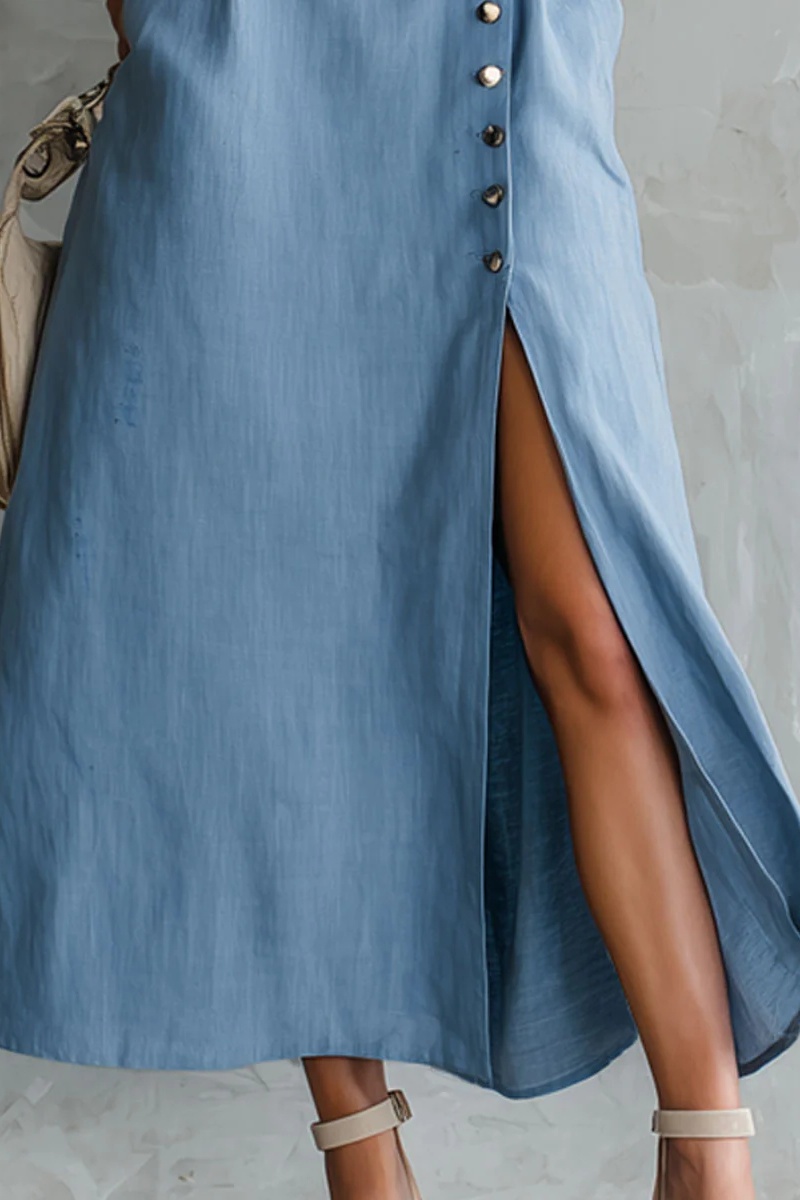 Round Neck Side Slit Sleeveless Cotton Midi Dress
