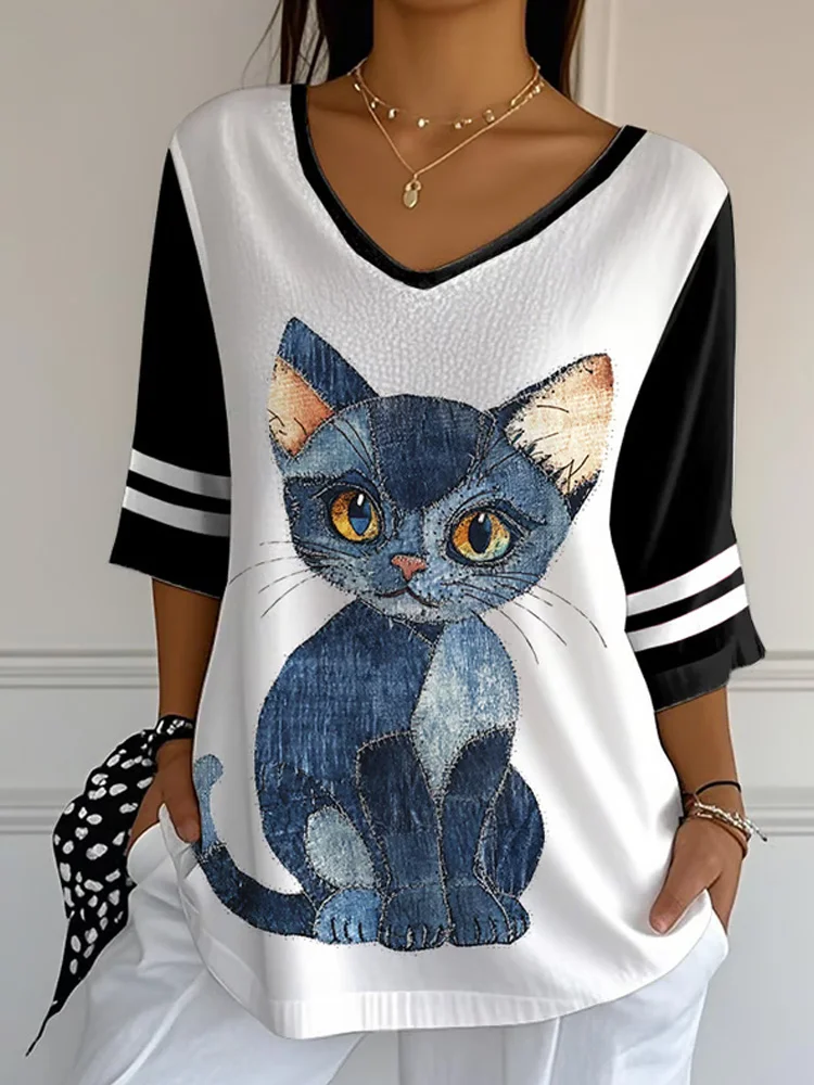 Simpfit Damen T-Shirt mit mittellangen Ärmeln und Tier-/Katzen-Print