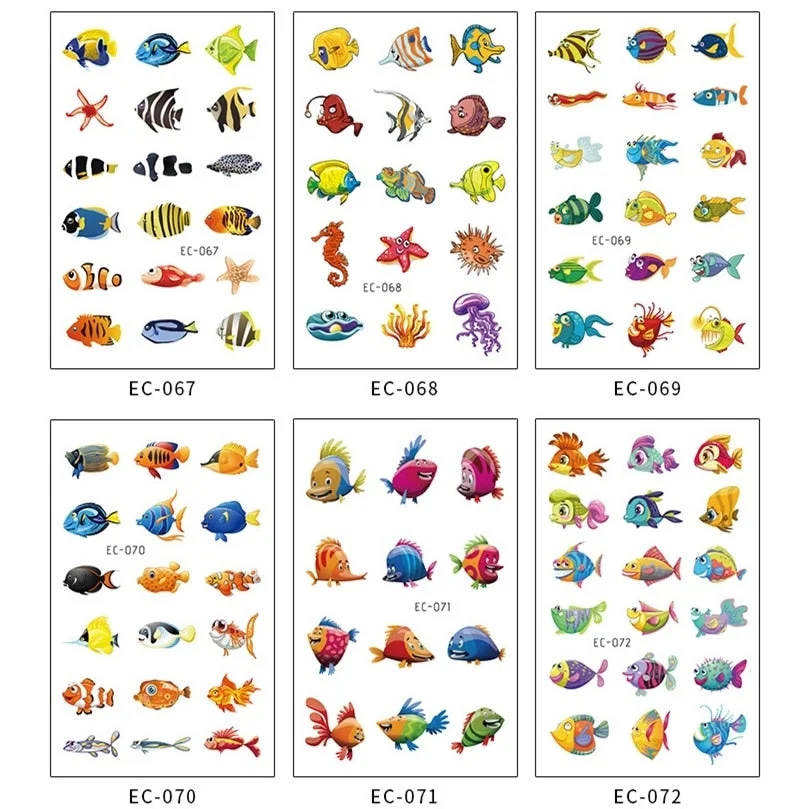 24 kinds Temporary Tattoo Stickers for Kids Cute Cartoon Tropical Fish Marine faux tatouage temporaire Disposable Children Gift