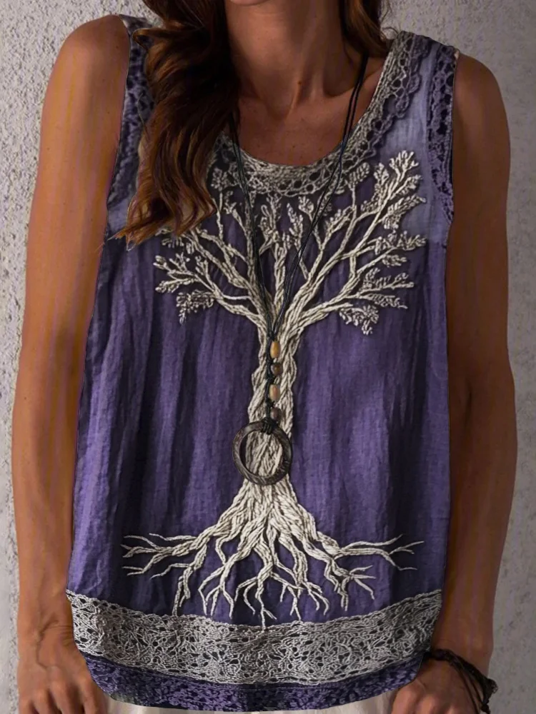 Tree Of Life Lace Embroidered Women's Linen Tank Top