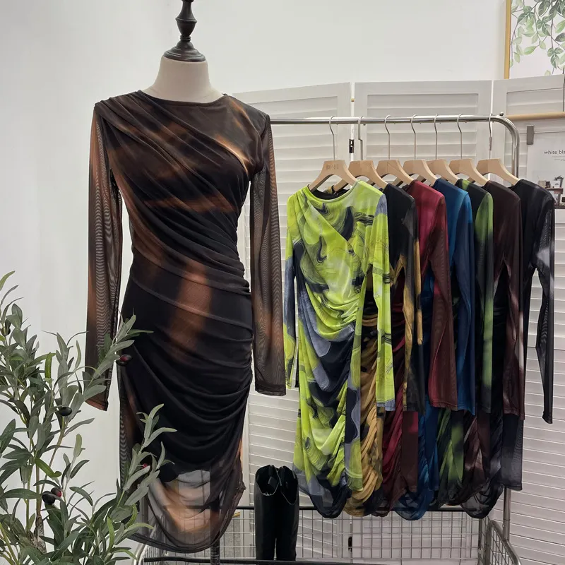 Brownm Vintage Tie-Dye Printing Irregular Folded Mesh Yarn Body-Body-Sleeve Dress 9901