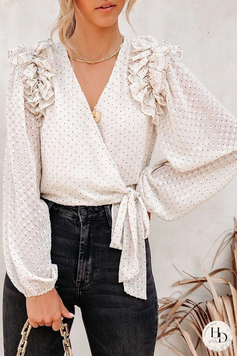 Chiffon Cross Tie Puff Sleeve Casual Shirt P10779