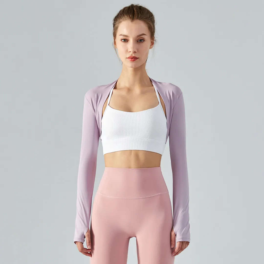 Shop long sleeve crop sunscreen waistcoat thin running jacket with thumb holes online on Hergymclothing