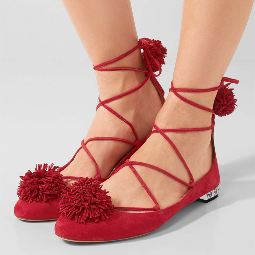 Red Vegan Suede Closed Toe Block Heel Lace Up Pumps with Flower Nicepairs