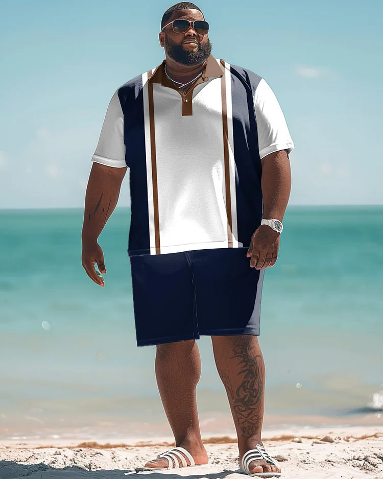 Men's Plus Size Simple Colorblock Stripe Print Polo Shorts Suit