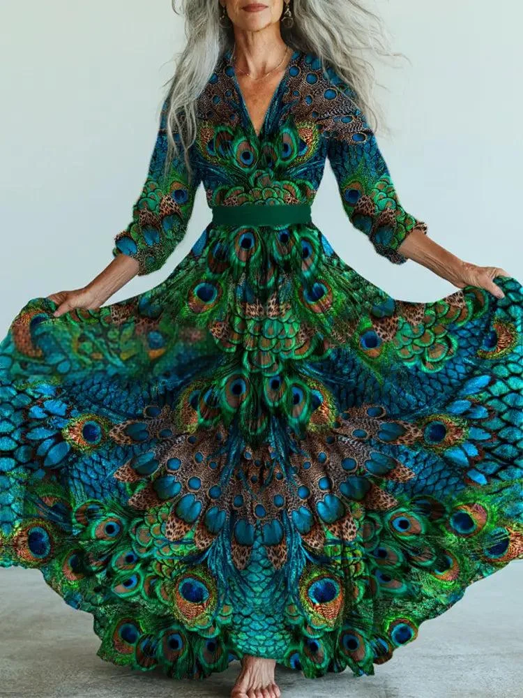 Retro Floral Art Printed Vintage V-Neck Long Sleeves Midi Dress