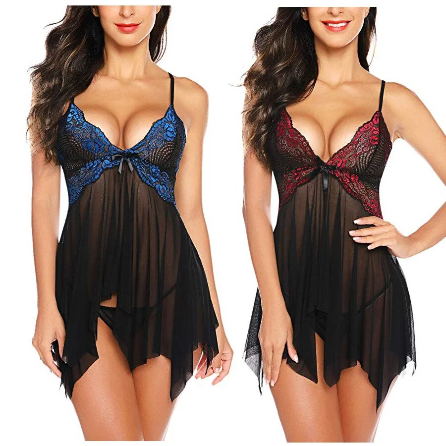 Billionm Sexy Women Underwear Lingerie Erotic Dress See-through Lace Pajamas Sleepwear Nightdress + Thong Sexy Costumes Sex Dress