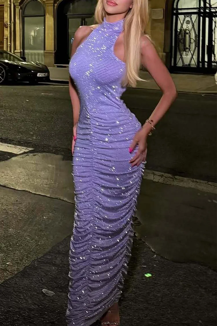 Rhinestone Halter Backless Ruched Maxi Dress-Light Purple