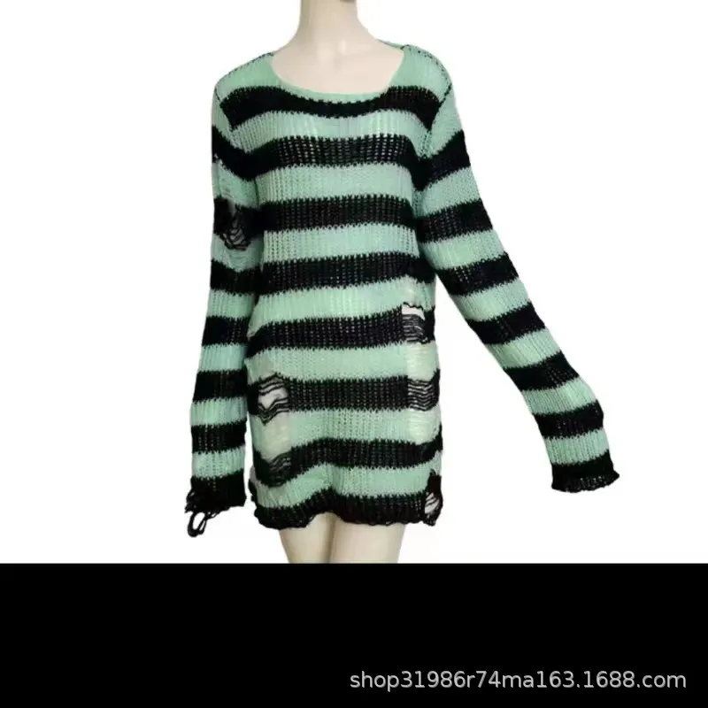 Churchf Churchf Hole Hollow Out In The Long Sweater Female Stripe Loose Color Dark Versatile Knit Niche Punk
