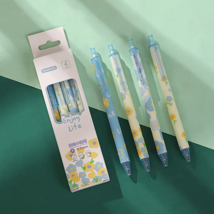 JOURNALSAY 4 Pcs/Set 0.5mm Black Ink Retractable Press Gel Pen Cute Flowers