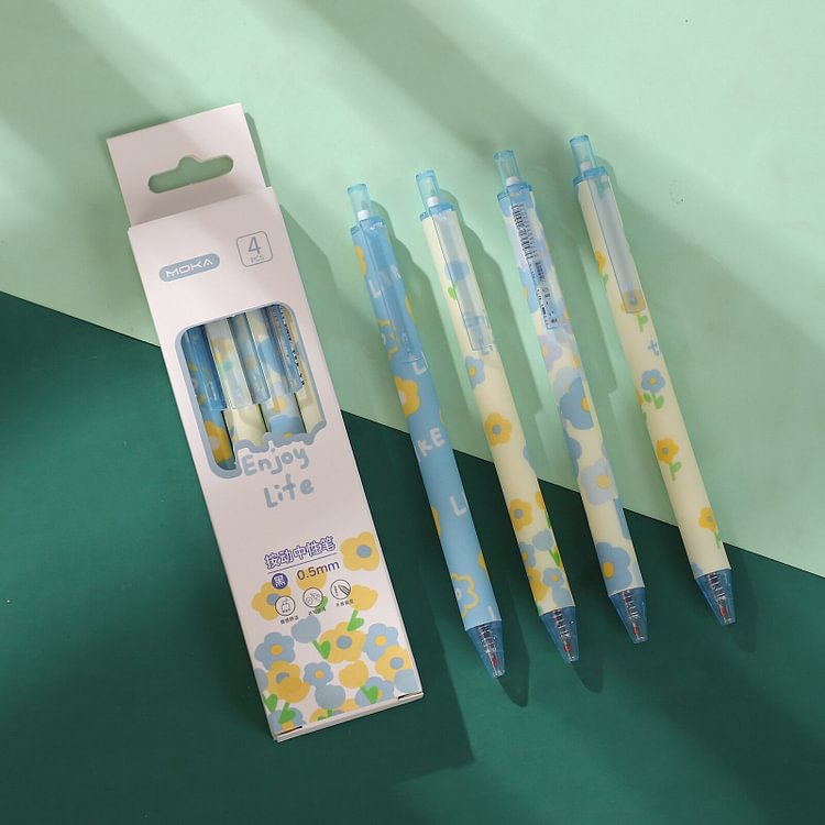 JOURNALSAY 4 Pcs/Set 0.5mm Black Ink Retractable Press Gel Pen Cute Flowers