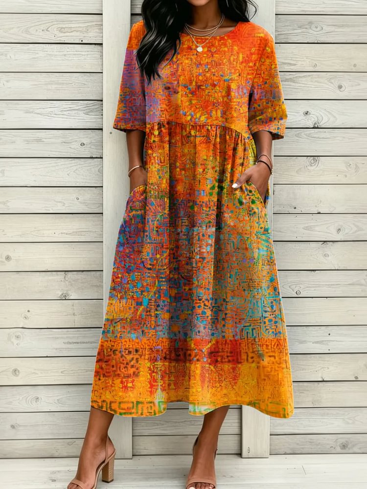 Women's Vintage Art Print Round Neck Short Sleeve Dress