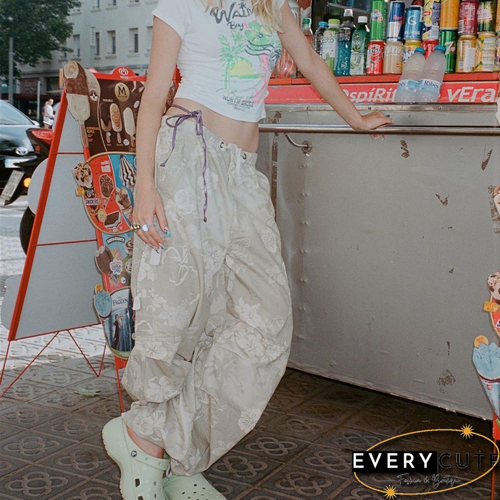 Floral Cargo Pants Women Aesthetic Drawstring Low Waist Baggy Trousers With Multi Pockets Sweatpants Streetwear