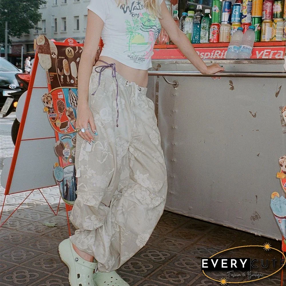 Floral Cargo Pants Women Aesthetic Drawstring Low Waist Baggy Trousers With Multi Pockets Sweatpants Streetwear