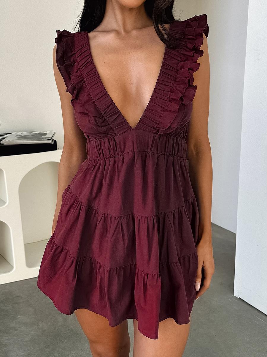 Casual Dress for Summer, Breathable Women's Fitted Plain Deep V Neck Ruffled Dress, Women's Clothes for Daily Wear, Womenswear
