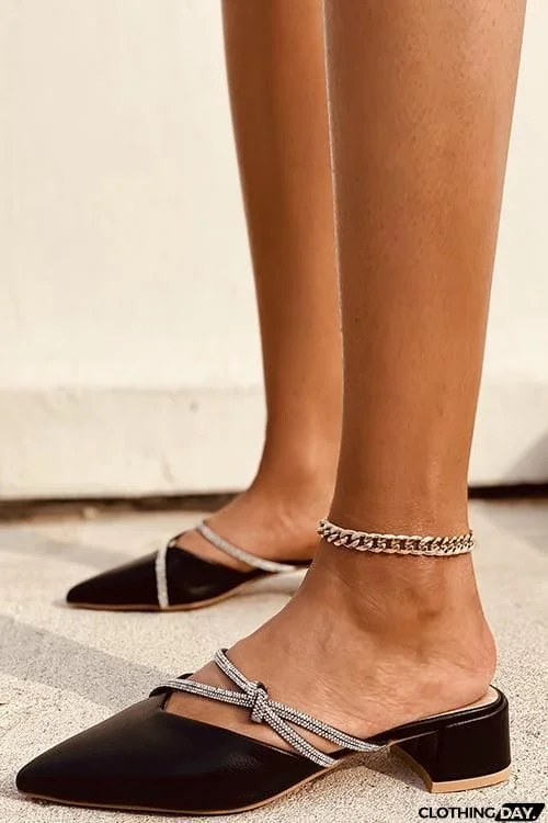 Rhinestone Decor Point Toe Chunky Heeled Mules