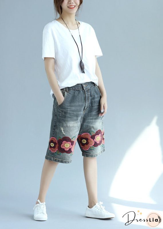 Organic Gray Pockets Patchwork Embroideried Shorts Summer