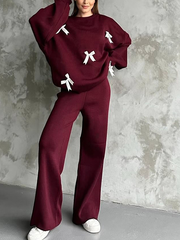 Bow Trim Blouses and Pants Two-Piece Set