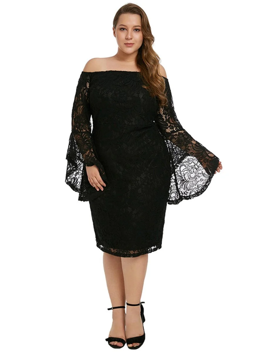 Plus Size Dress Flare Sleeve Slash Neck Solid Color Lace Midi Dress