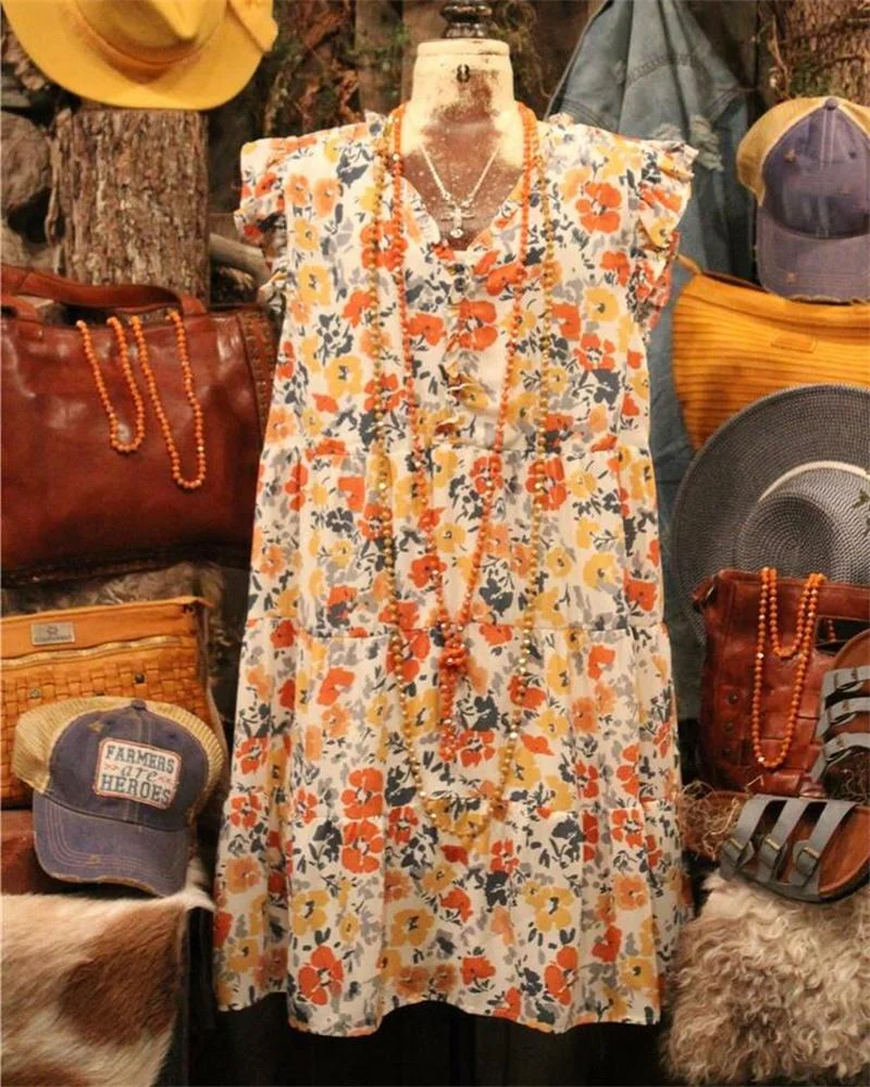 Casual V-Neck Floral Print Ruffle Dress