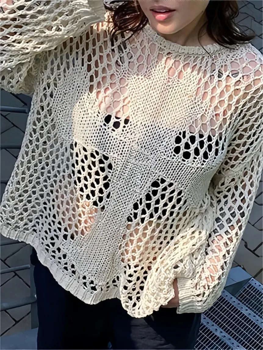 Brownm sleeve crochet knit top with cross motif
