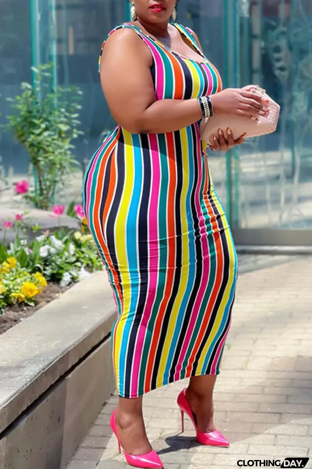 Colour Fashion Casual Plus Size Striped Print Basic O Neck Vest Dress