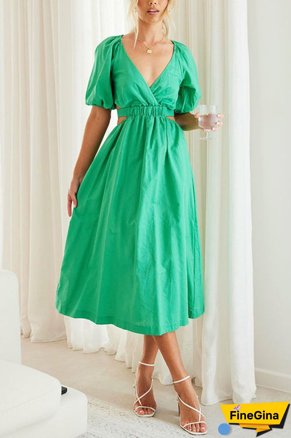 Cut Out Waist V Neck Puff Sleeve Dress