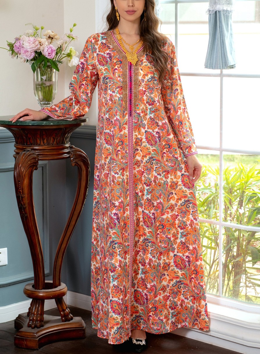 Floral Pattern V Neck Long Sleeve Elegant Kaftan | Oxredo Shop Ramadan Sale