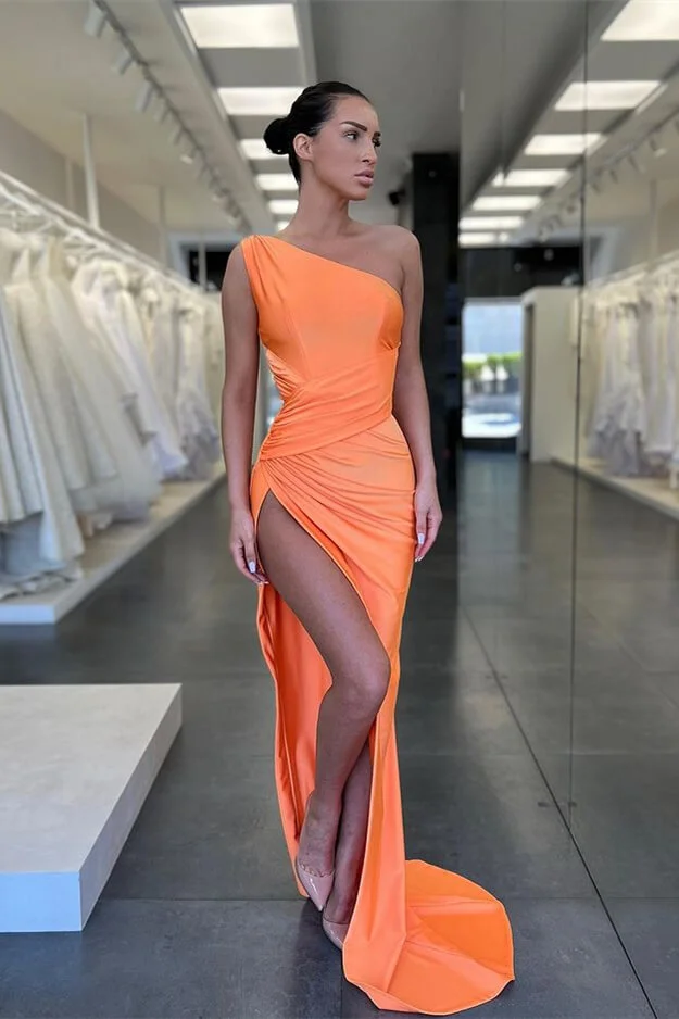 Daisda Vintage Orange One Shoulder Sleeveless Mermaid Prom Dress Slit With Pleat