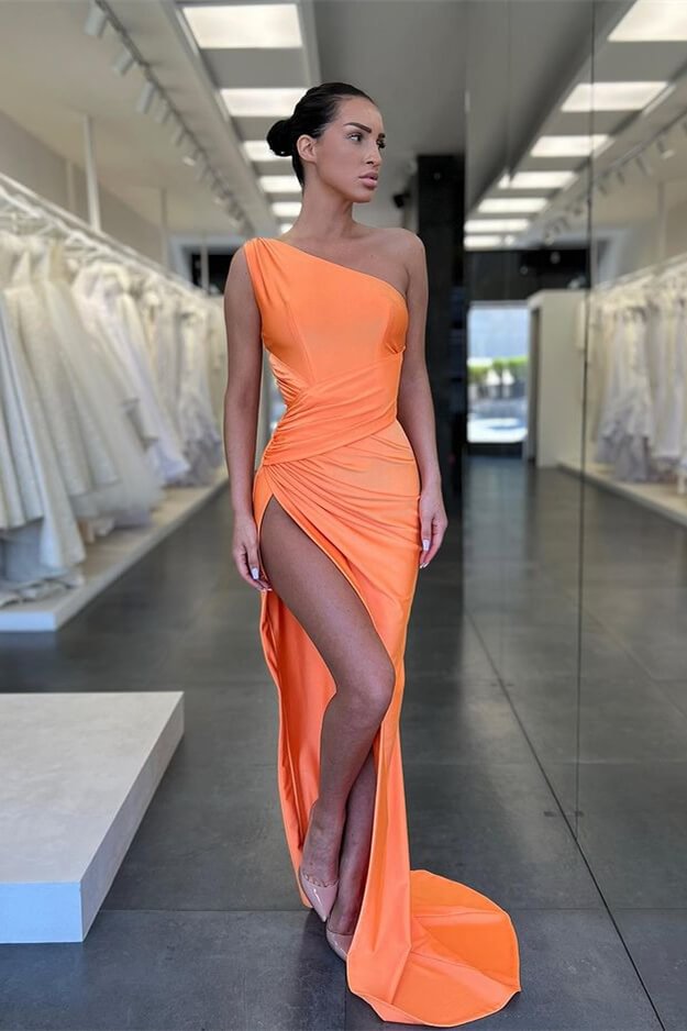 Modern Mermaid Slit Orange One Shoulder Sleeveless Prom Dress With Pleated | Ballbellas Ballbellas