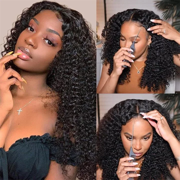 Kinky Curly Wear & Go Glueless Wigs With Natural Hairline Dome Cap Lace Closure Wigs