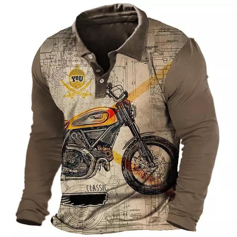 Men's Outdoor Motorcycle Print Long Sleeve Polo T-Shirt