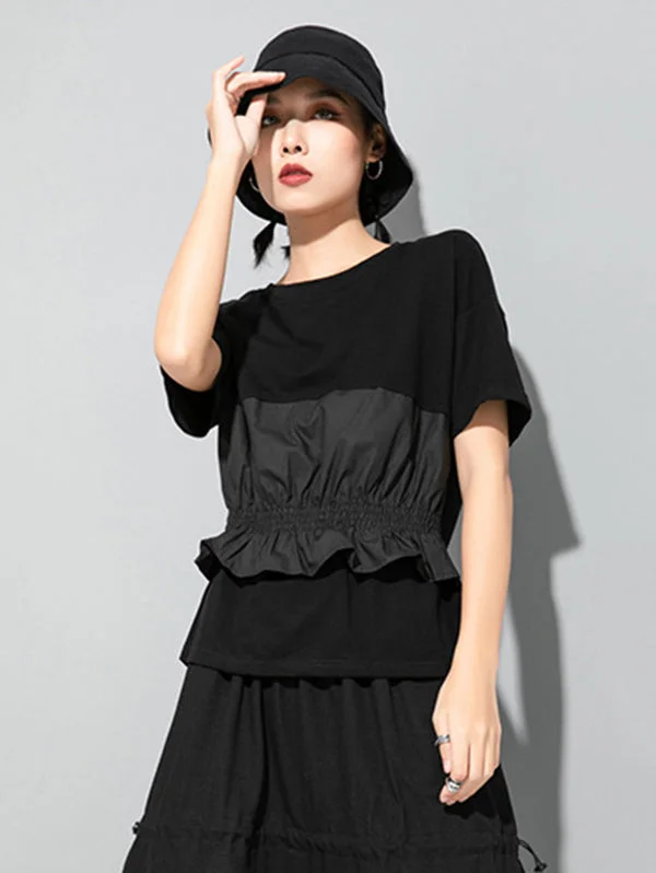 Original Black Round-neck Patchwork Ruffled Short Sleeve T-Shirt